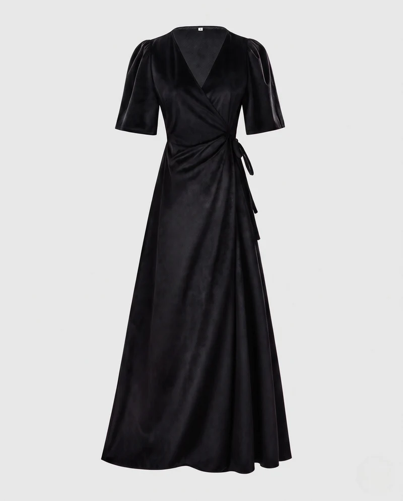 Damen Elegantes Wickelkleid mit Puffärmeln und fließendem Saum Drune