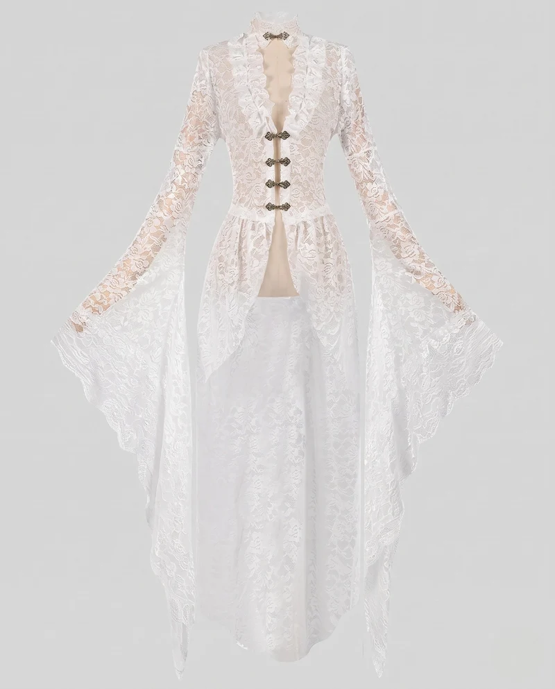 Damen Ethereal Spitzenumhang mit langen Ärmeln und dekorativem Verschluss Drune