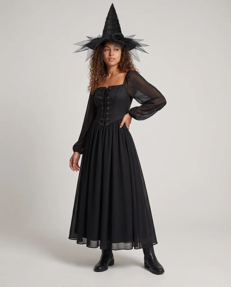 Damen Hexenkleid mit transparenten Ärmeln und elegantem Schnürdesign Drune