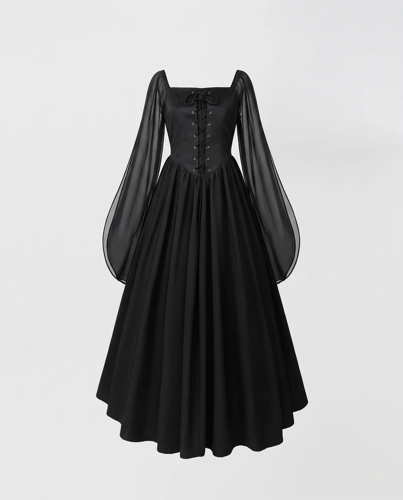 Damen Hexenkleid mit transparenten Ärmeln und elegantem Schnürdesign Drune