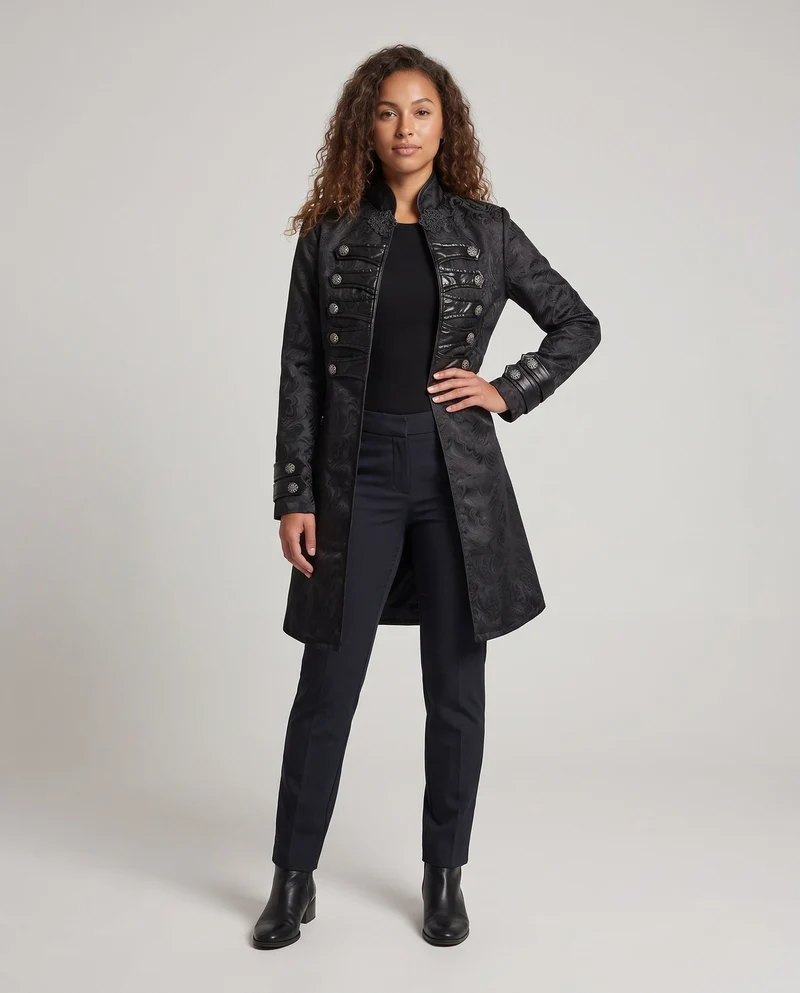 Damen historischer Brokatmantel mit eleganten Details und dekorativen Knöpfen Drune