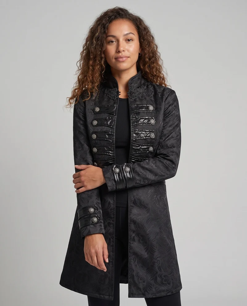Damen historischer Brokatmantel mit eleganten Details und dekorativen Knöpfen Drune