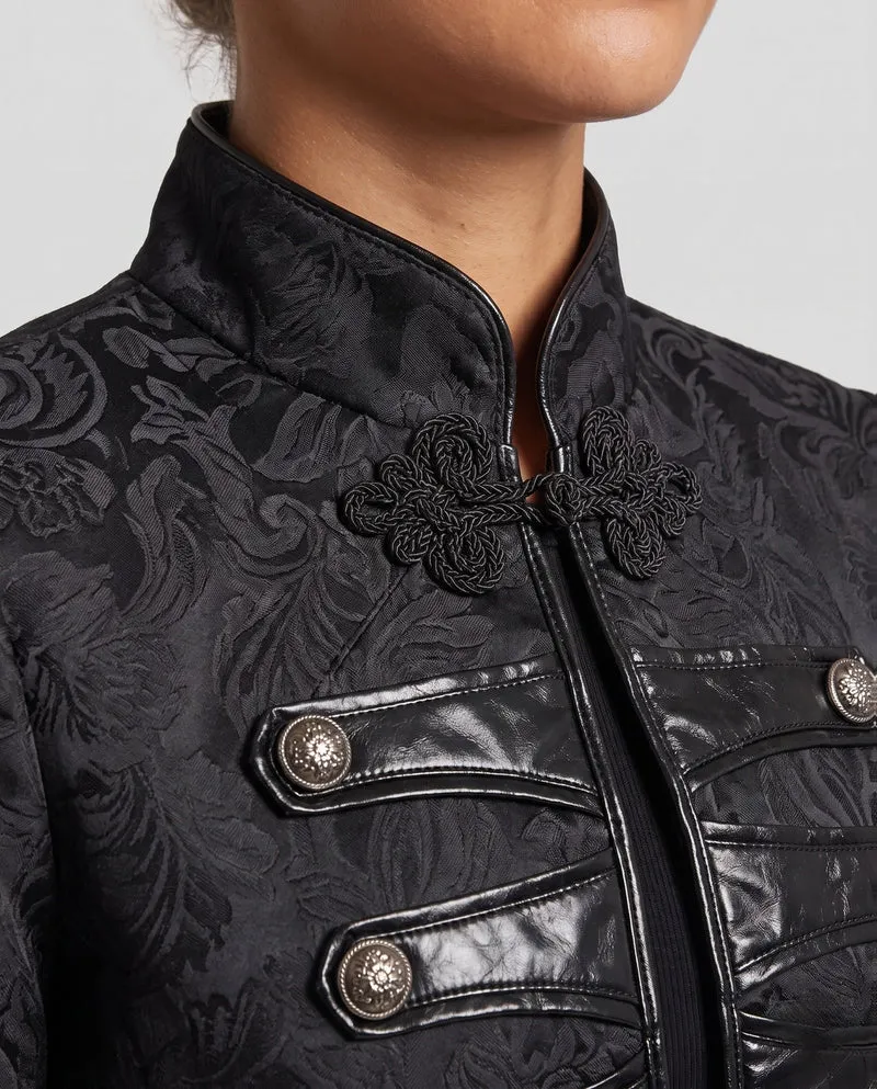 Damen historischer Brokatmantel mit eleganten Details und dekorativen Knöpfen Drune