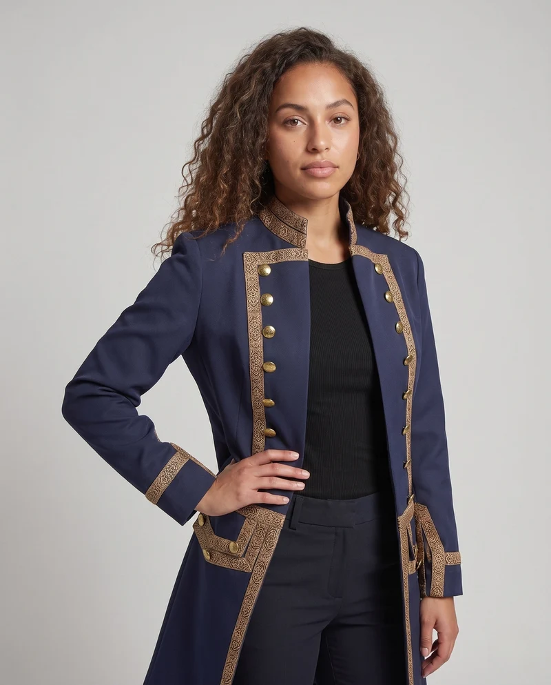 Damen historischer Militärmantel mit luxuriösen Verzierungen und elegantem Schnitt Drune