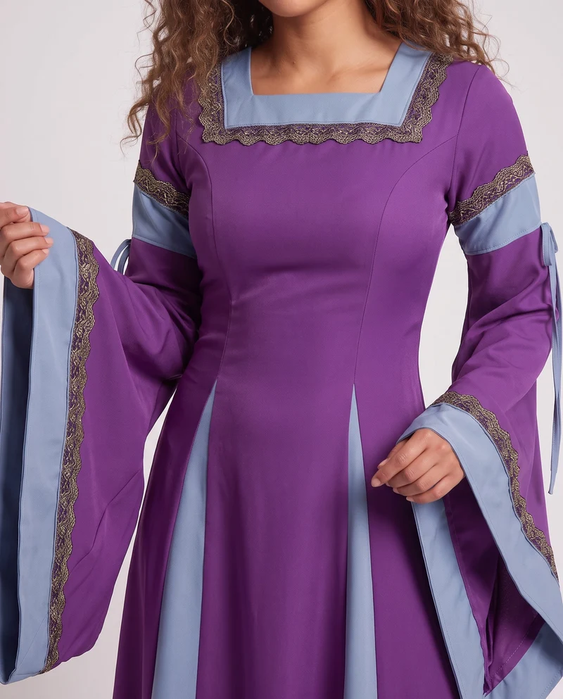 Damen Historisches Kleid mit langen, fließenden Ärmeln und dekorativem Schnürdetail Drune