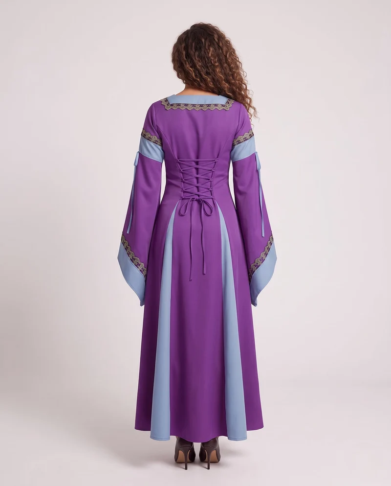 Damen Historisches Kleid mit langen, fließenden Ärmeln und dekorativem Schnürdetail Drune