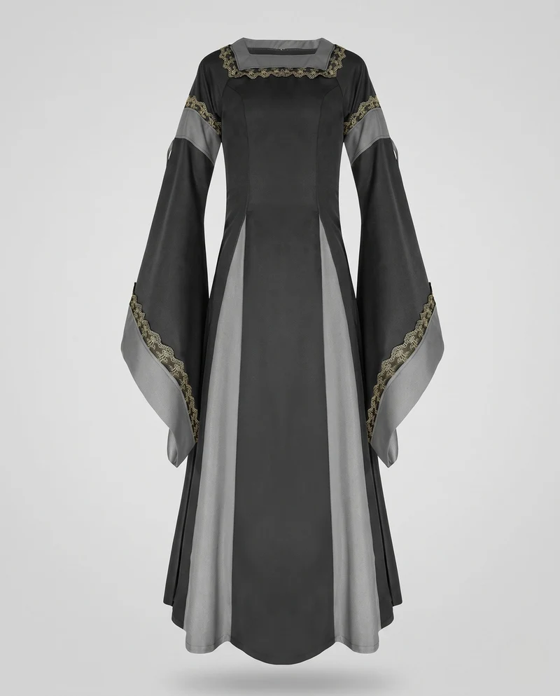 Damen Historisches Kleid mit langen, fließenden Ärmeln und dekorativem Schnürdetail Drune