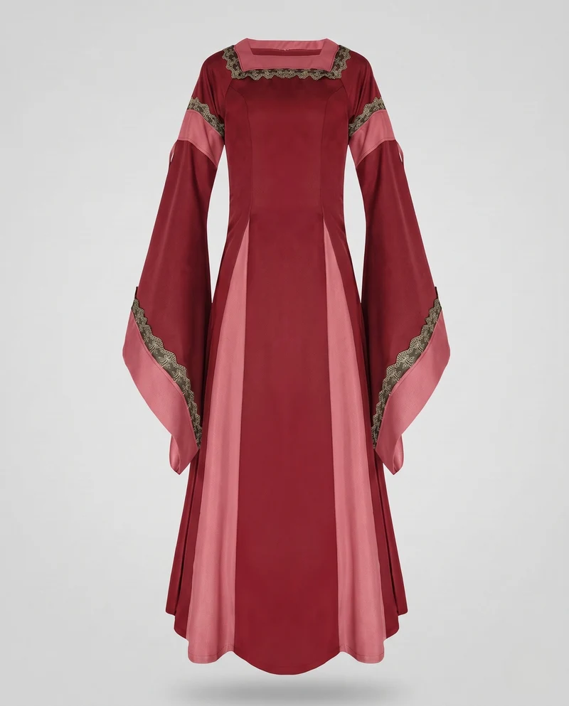 Damen Historisches Kleid mit langen, fließenden Ärmeln und dekorativem Schnürdetail Drune