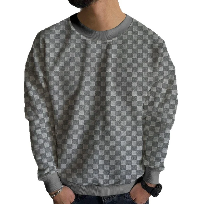 Herren Strukturiertes Baumwoll-Sweatshirt mit Karo-Prägung und Rundhalsausschnitt Drune