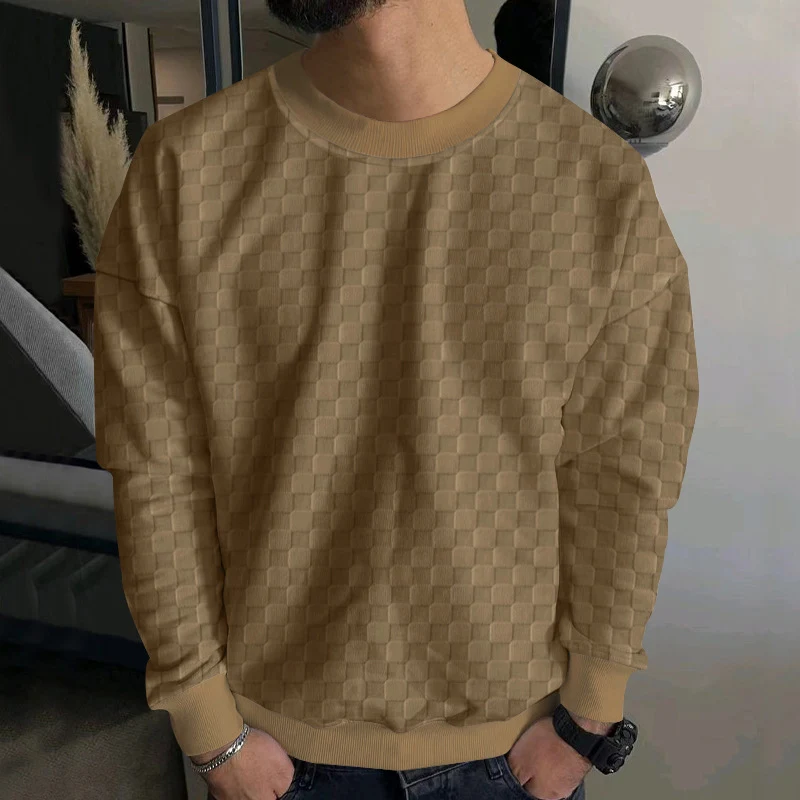 Herren Strukturiertes Baumwoll-Sweatshirt mit Karo-Prägung und Rundhalsausschnitt Drune