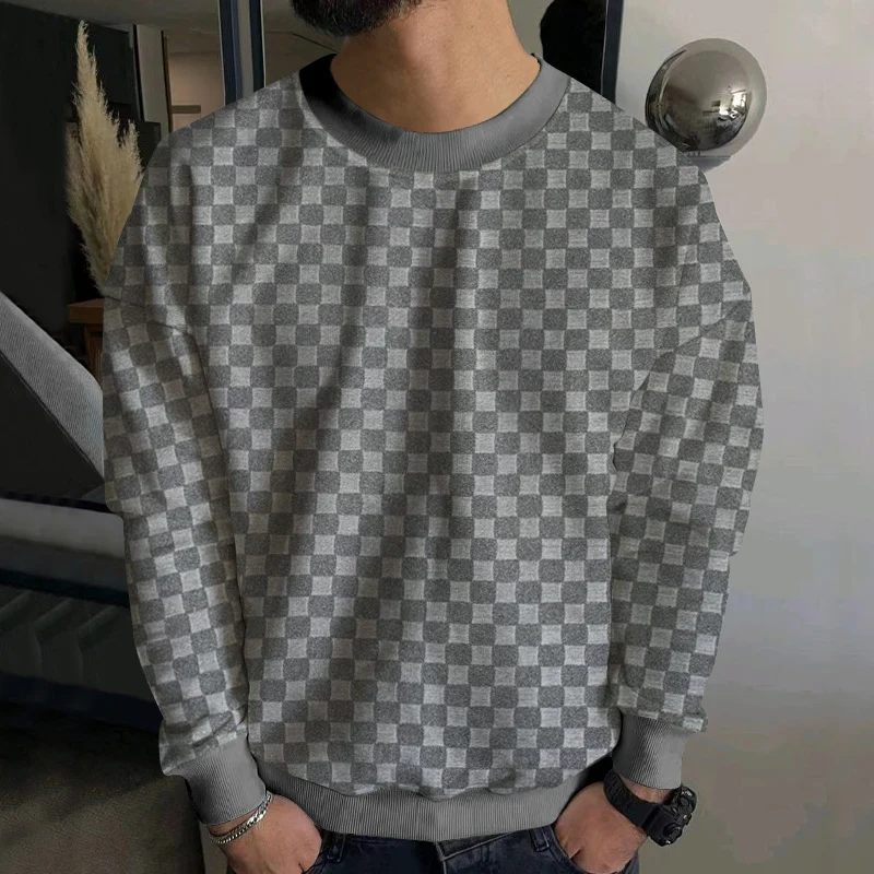 Herren Strukturiertes Baumwoll-Sweatshirt mit Karo-Prägung und Rundhalsausschnitt Drune