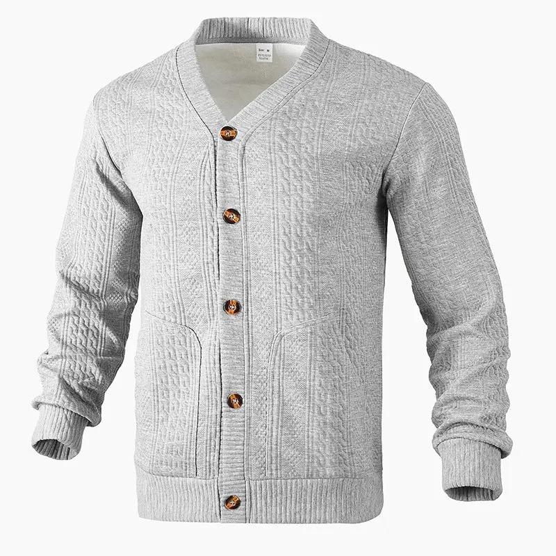 Herren Strukturierter Strickcardigan mit Zopf- und Waffelmuster, Knopfleiste und aufgesetzten Taschen Drune