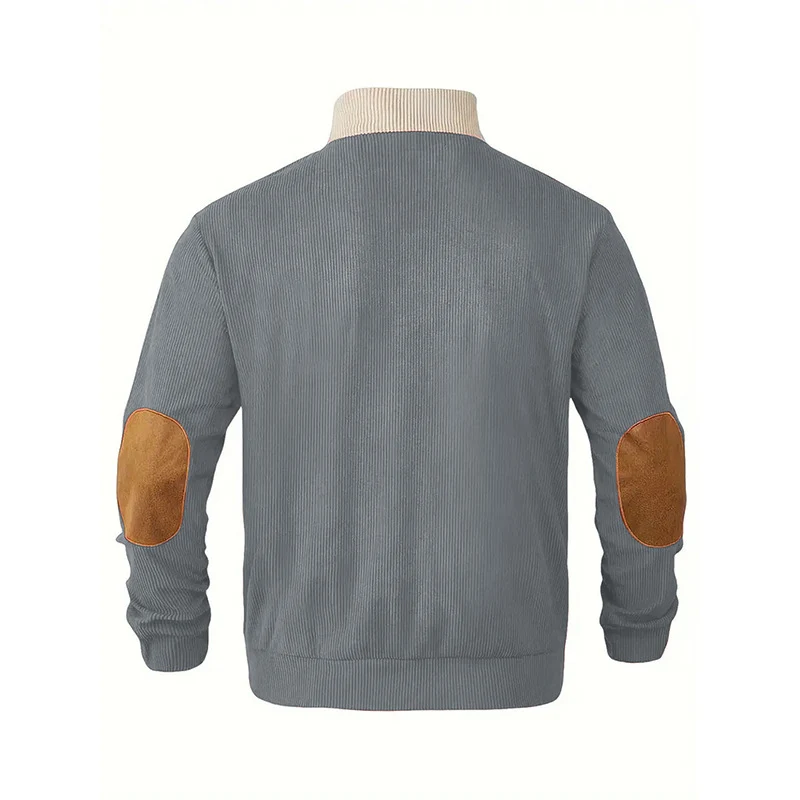 Herren Strukturierter Halbknopf-Pullover mit Stehkragen, Rippenstruktur und Ellenbogen-Patches Drune