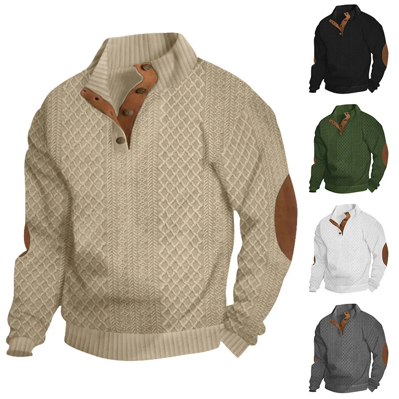 Herren Strukturierter Aran-Strickpullover mit halbem Knopfleistenkragen und Leder-Ellbogenpatches Drune