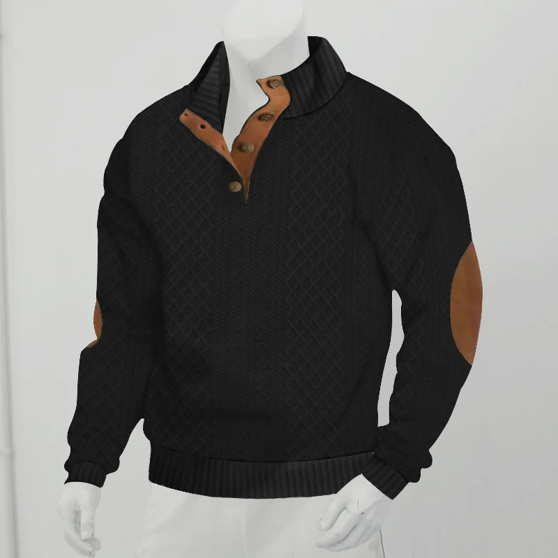 Herren Strukturierter Aran-Strickpullover mit halbem Knopfleistenkragen und Leder-Ellbogenpatches Drune