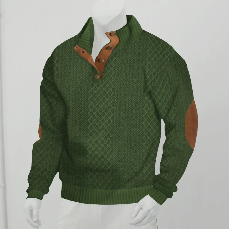 Herren Strukturierter Aran-Strickpullover mit halbem Knopfleistenkragen und Leder-Ellbogenpatches Drune