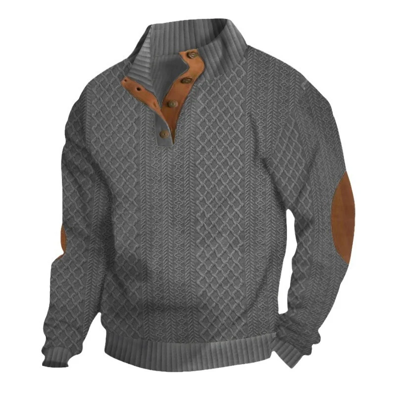 Herren Strukturierter Aran-Strickpullover mit halbem Knopfleistenkragen und Leder-Ellbogenpatches Drune
