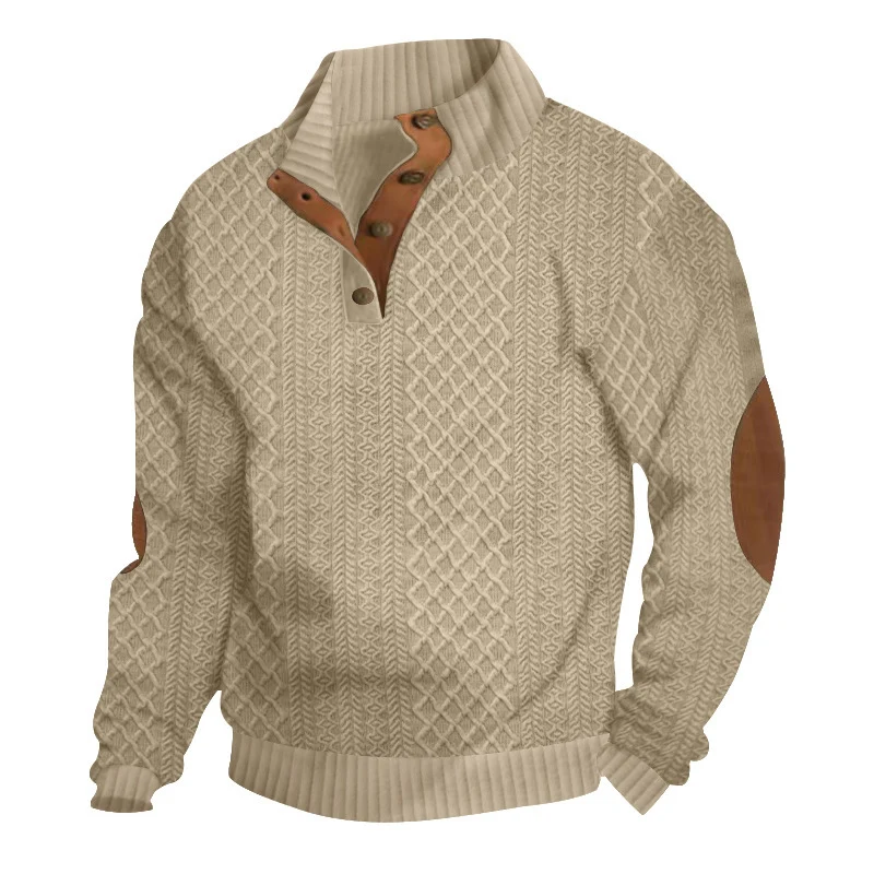 Herren Strukturierter Aran-Strickpullover mit halbem Knopfleistenkragen und Leder-Ellbogenpatches Drune