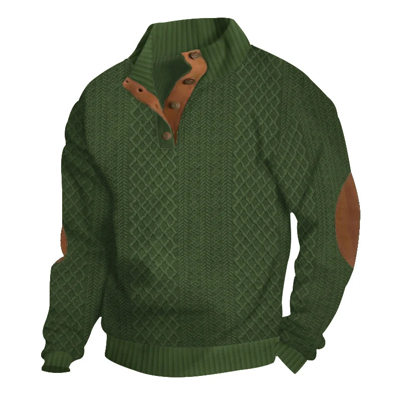 Herren Strukturierter Aran-Strickpullover mit halbem Knopfleistenkragen und Leder-Ellbogenpatches Drune