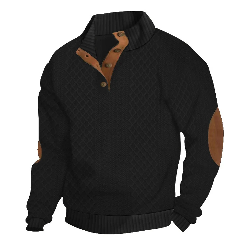 Herren Strukturierter Aran-Strickpullover mit halbem Knopfleistenkragen und Leder-Ellbogenpatches Drune