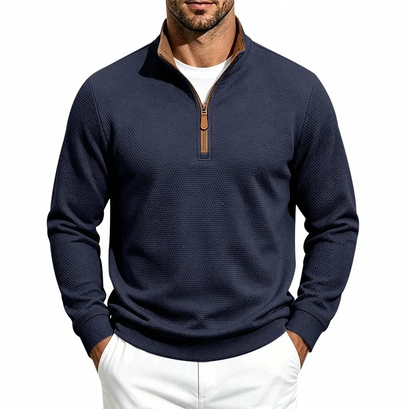 Herren Struktur-Halbzipp-Pullover mit Stehkragen und Kontrastinnenkragen Drune