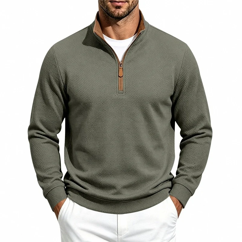 Herren Struktur-Halbzipp-Pullover mit Stehkragen und Kontrastinnenkragen Drune