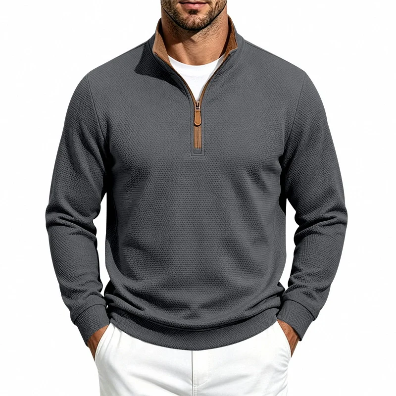 Herren Struktur-Halbzipp-Pullover mit Stehkragen und Kontrastinnenkragen Drune