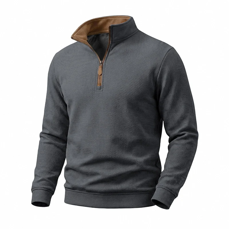 Herren Struktur-Halbzipp-Pullover mit Stehkragen und Kontrastinnenkragen Drune