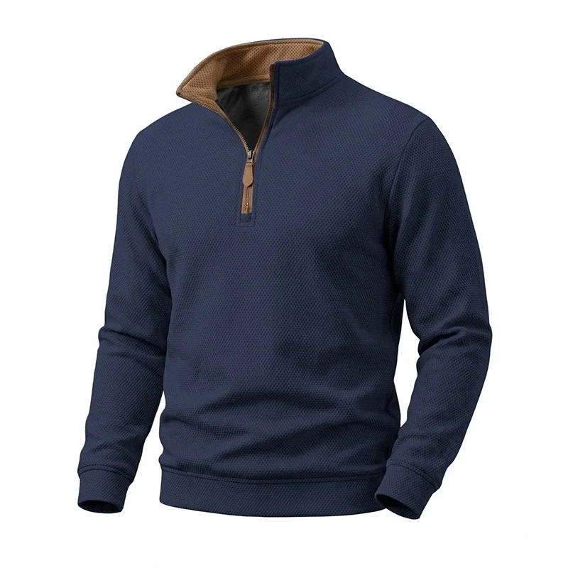 Herren Struktur-Halbzipp-Pullover mit Stehkragen und Kontrastinnenkragen Drune