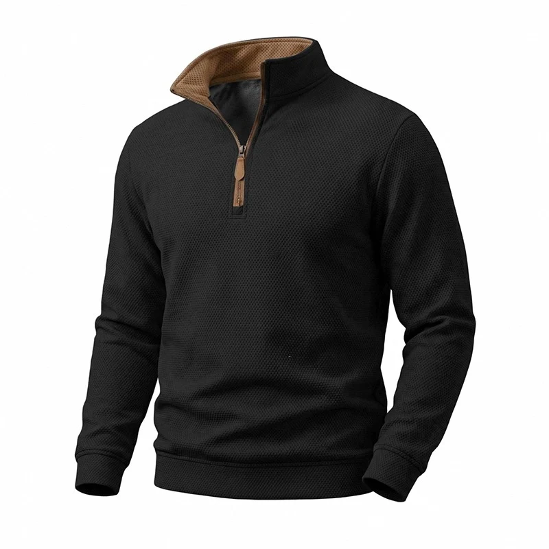 Herren Struktur-Halbzipp-Pullover mit Stehkragen und Kontrastinnenkragen Drune