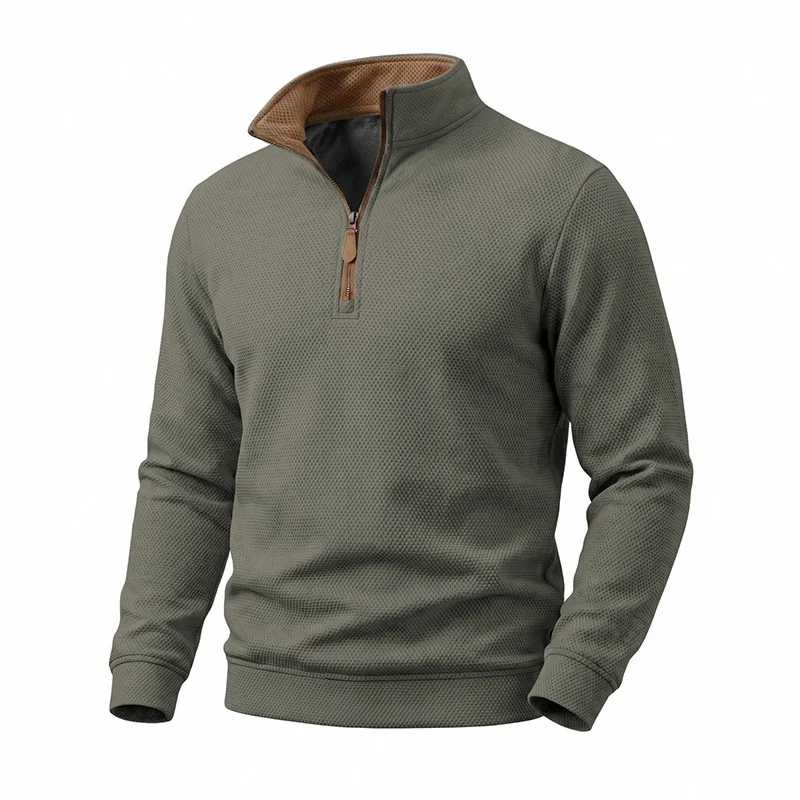 Herren Struktur-Halbzipp-Pullover mit Stehkragen und Kontrastinnenkragen Drune