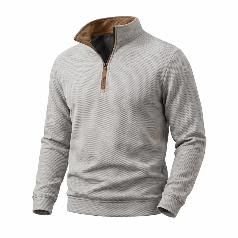 Herren Struktur-Halbzipp-Pullover mit Stehkragen und Kontrastinnenkragen Drune