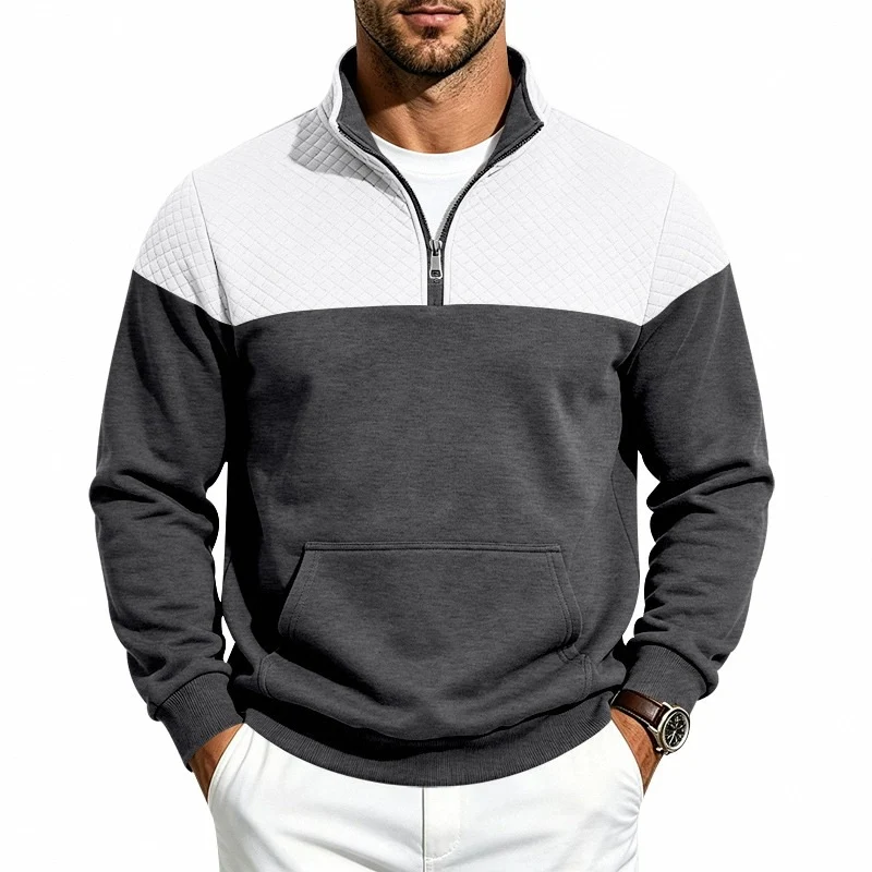 Herren Stehkragen-Sweatshirt mit Halbzip, gesteppter Schulterpasse und Kängurutasche Drune