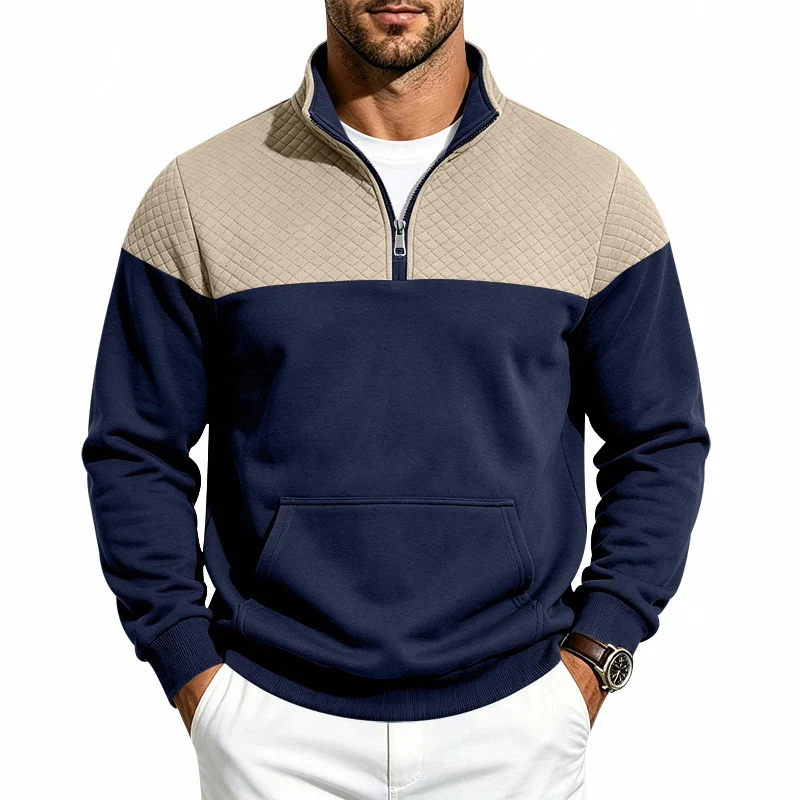 Herren Stehkragen-Sweatshirt mit Halbzip, gesteppter Schulterpasse und Kängurutasche Drune