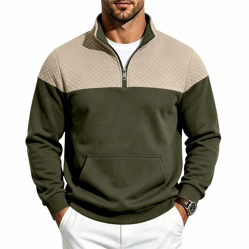 Herren Stehkragen-Sweatshirt mit Halbzip, gesteppter Schulterpasse und Kängurutasche Drune
