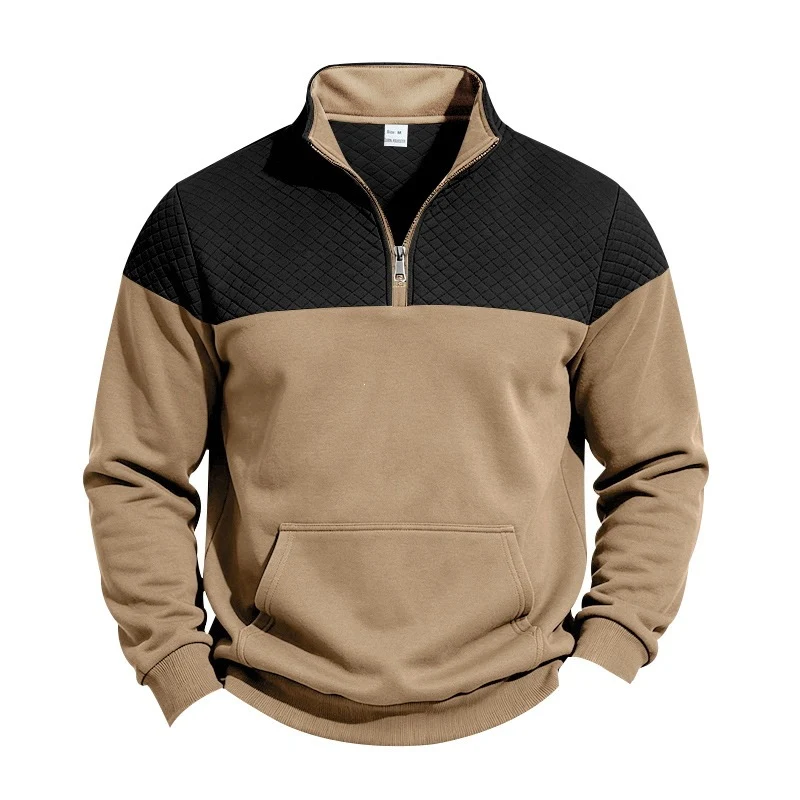 Herren Stehkragen-Sweatshirt mit Halbzip, gesteppter Schulterpasse und Kängurutasche Drune