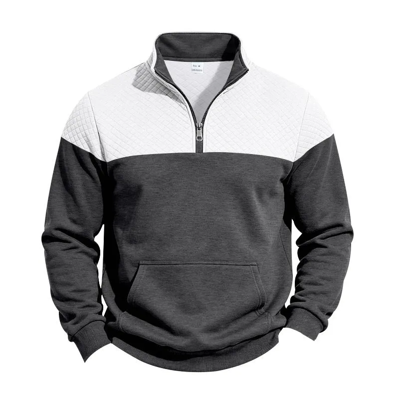 Herren Stehkragen-Sweatshirt mit Halbzip, gesteppter Schulterpasse und Kängurutasche Drune