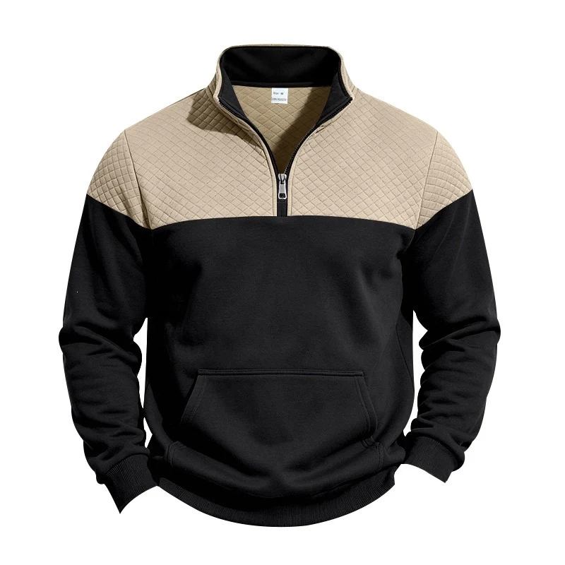Herren Stehkragen-Sweatshirt mit Halbzip, gesteppter Schulterpasse und Kängurutasche Drune
