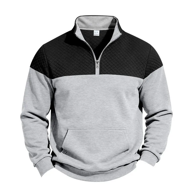 Herren Stehkragen-Sweatshirt mit Halbzip, gesteppter Schulterpasse und Kängurutasche Drune