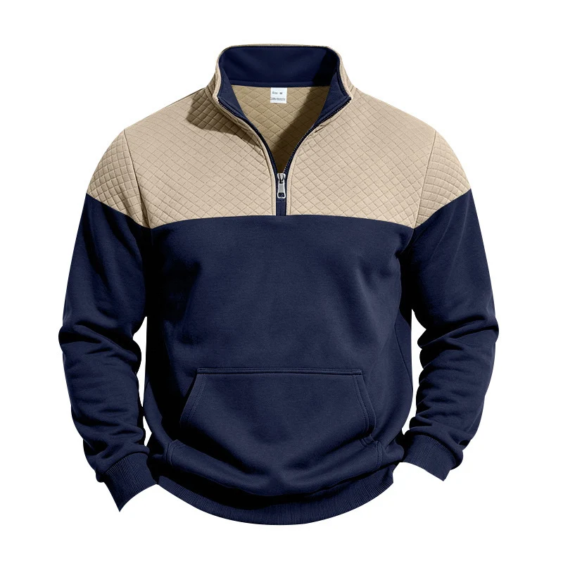 Herren Stehkragen-Sweatshirt mit Halbzip, gesteppter Schulterpasse und Kängurutasche Drune
