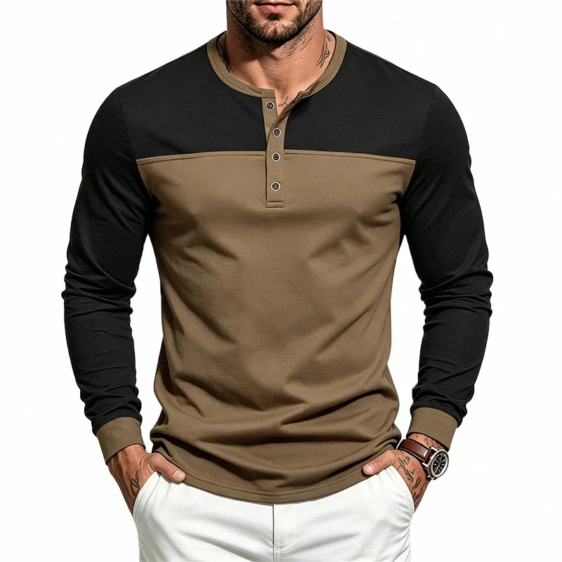 Herren Slim-Fit Langarm-Henleyshirt mit Kontrastpasse und Knopfleiste Drune
