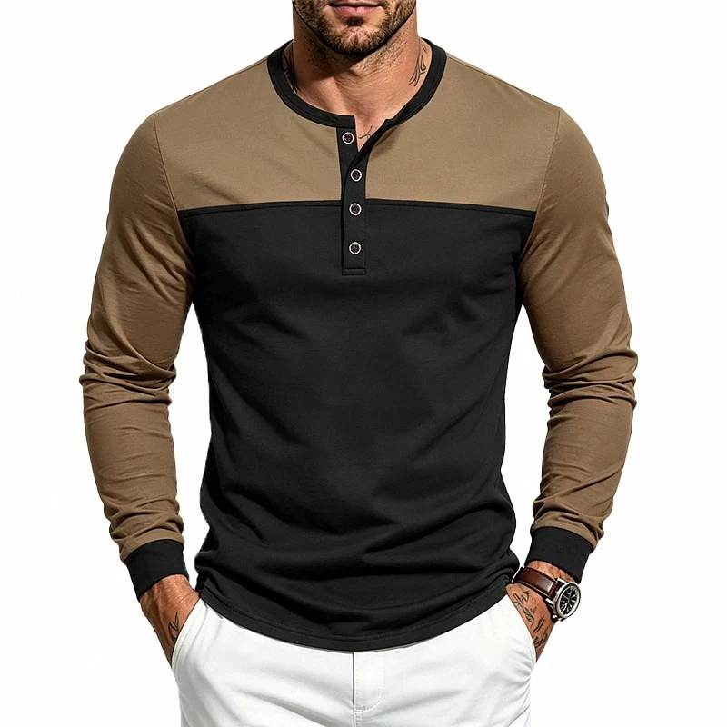 Herren Slim-Fit Langarm-Henleyshirt mit Kontrastpasse und Knopfleiste Drune