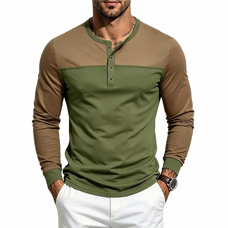 Herren Slim-Fit Langarm-Henleyshirt mit Kontrastpasse und Knopfleiste Drune