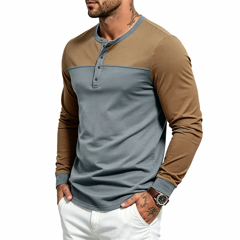 Herren Slim-Fit Langarm-Henleyshirt mit Kontrastpasse und Knopfleiste Drune