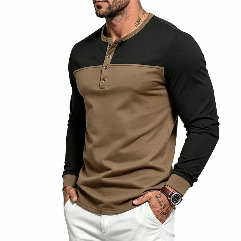 Herren Slim-Fit Langarm-Henleyshirt mit Kontrastpasse und Knopfleiste Drune