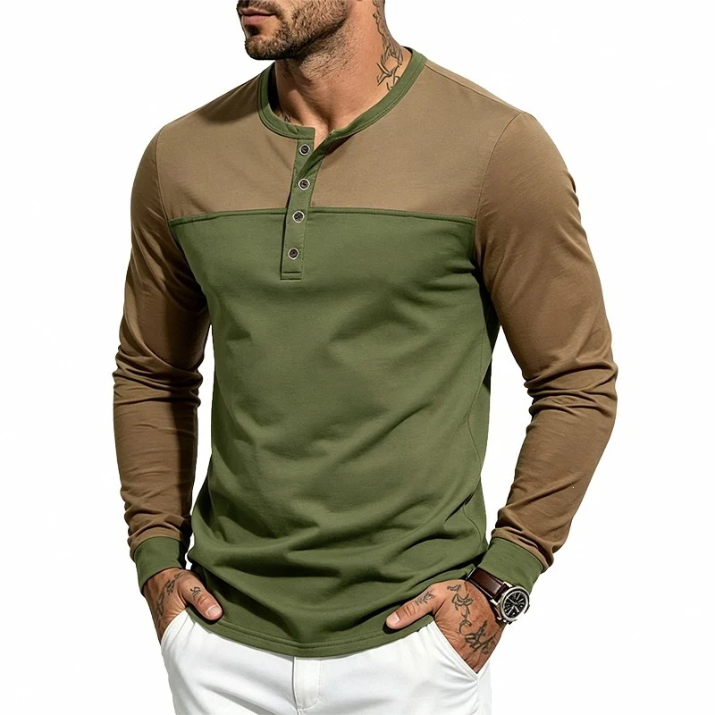 Herren Slim-Fit Langarm-Henleyshirt mit Kontrastpasse und Knopfleiste Drune