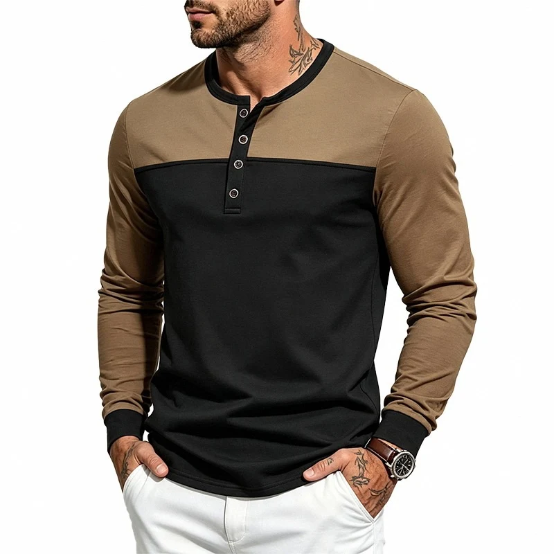 Herren Slim-Fit Langarm-Henleyshirt mit Kontrastpasse und Knopfleiste Drune