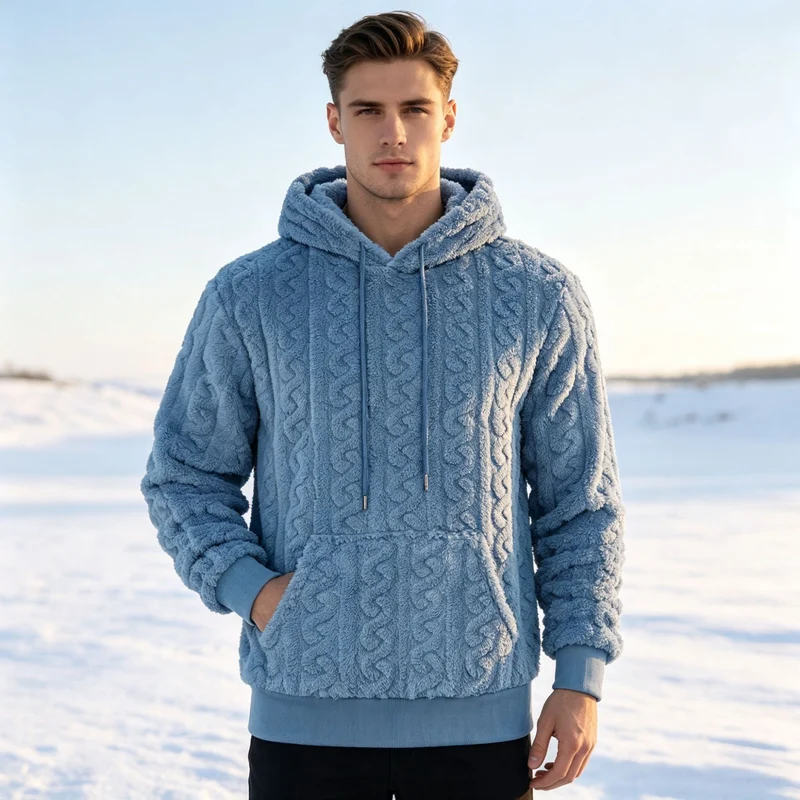 Herren Sherpa-Kapuzenpullover mit Zopfmuster, Kängurutasche und Rippbündchen Drune
