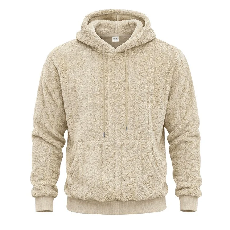 Herren Sherpa-Kapuzenpullover mit Zopfmuster, Kängurutasche und Rippbündchen Drune