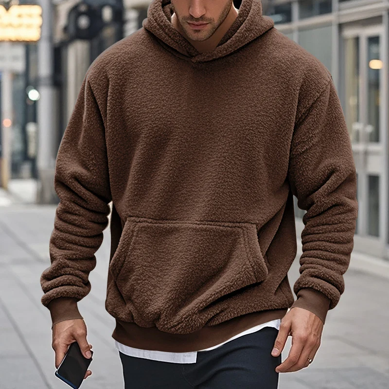 Herren Sherpa-Kapuzenpullover im Teddy-Fleece mit Kängurutasche und Rippbündchen Drune